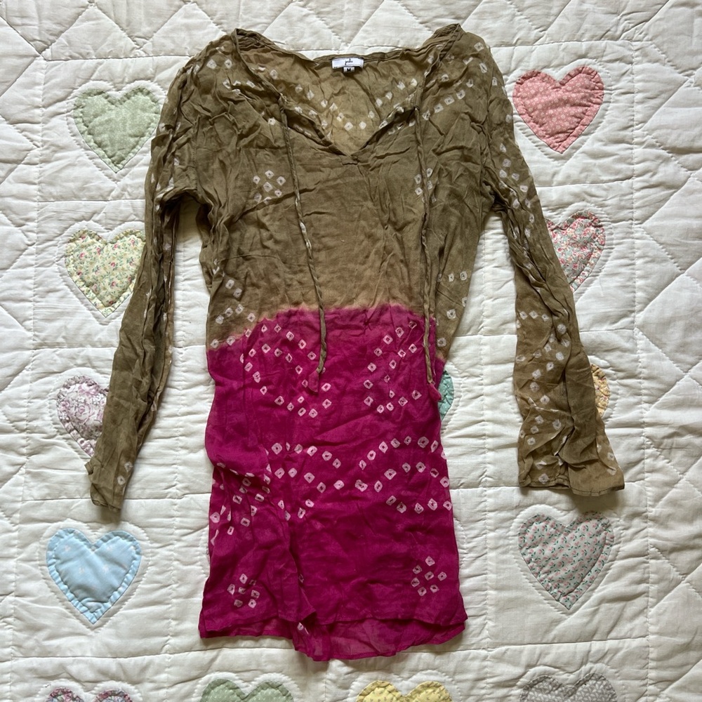 Joshi Tan and pink colorblock printed long sleeve tunic top size M 100% cotton